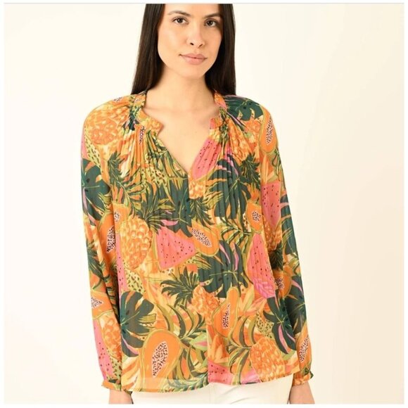 NWT Daniel Rainn Tropical Print Long Sleeve Pleated Blouse Ruffle Collar Sz PM - Picture 1 of 8